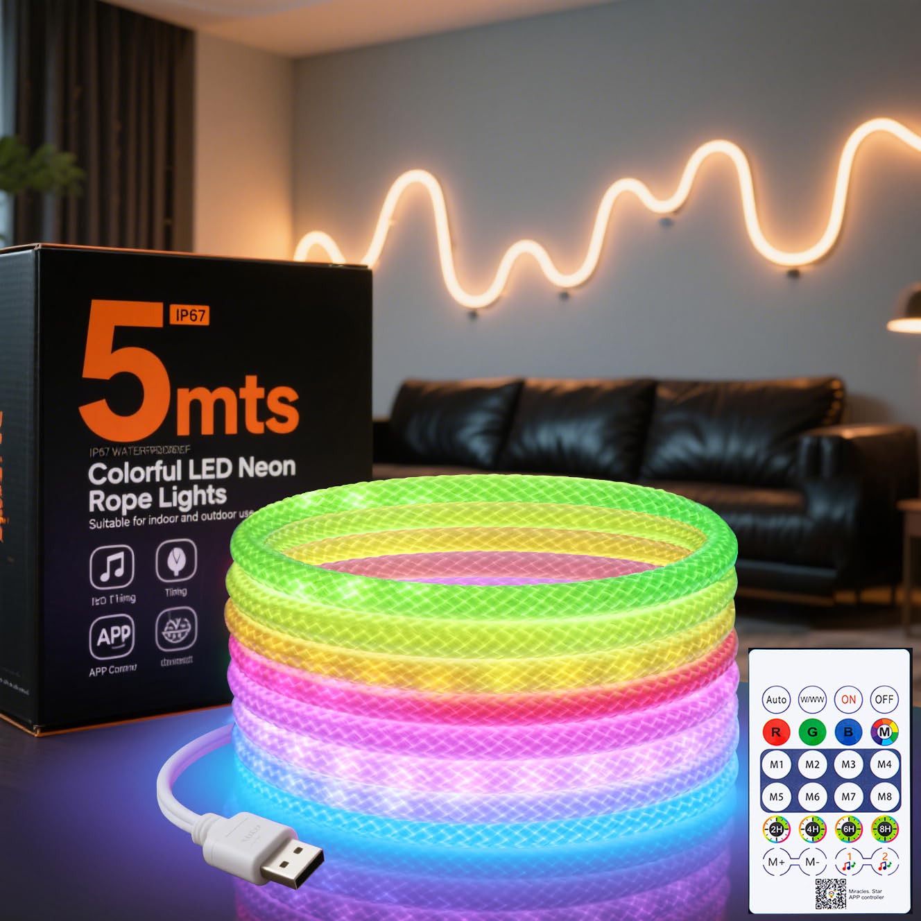 Smart Home Llm - 360 graden ronde RGBIC neon LED-stripverlichting