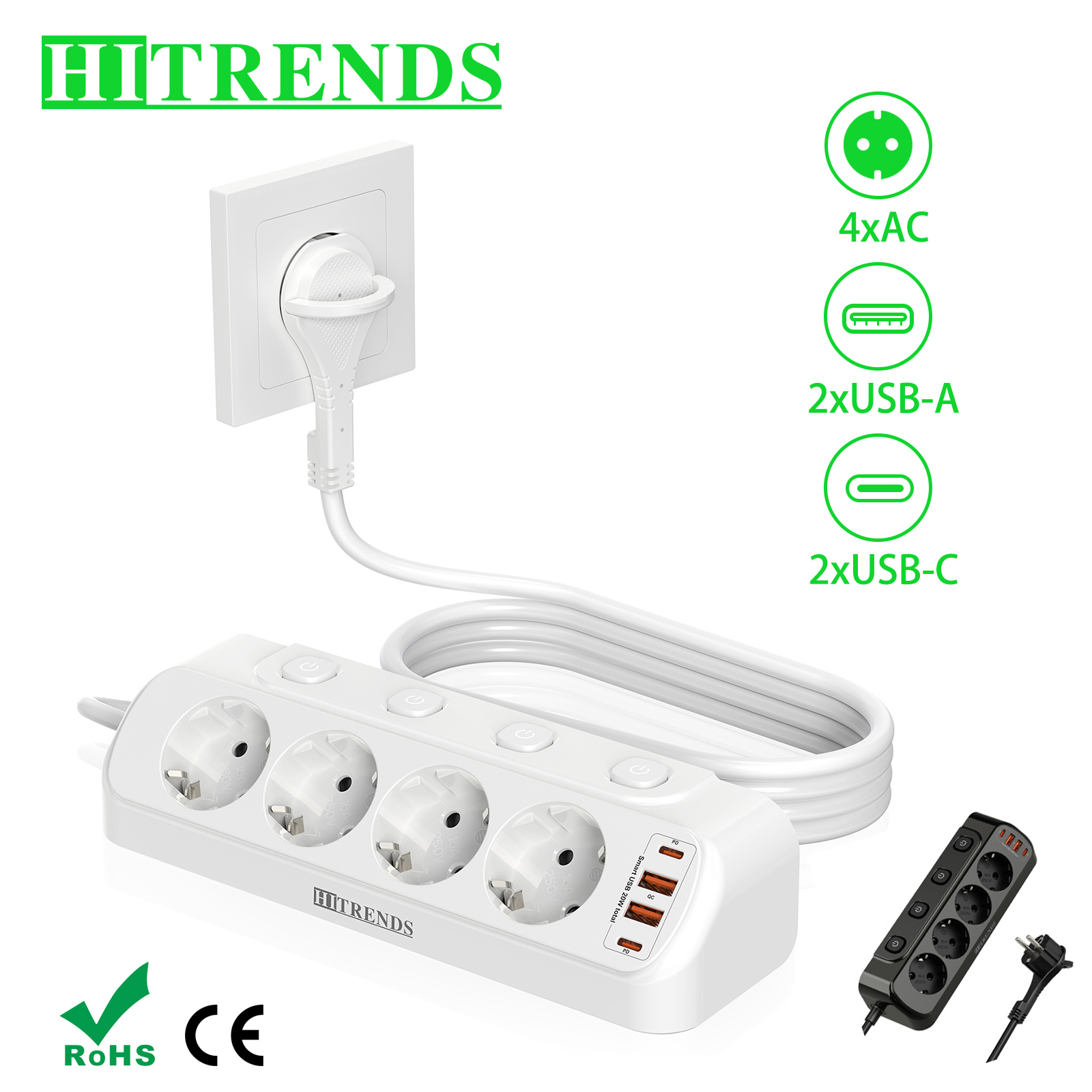 Smart Power Strip - Europese desktopcontactdoos multi-contact stekkerdoos met 2